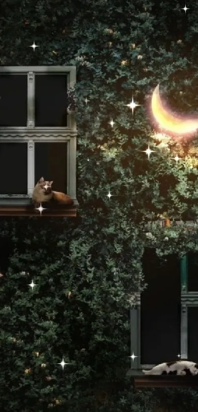 Cat resting near a window with crescent moon and ivy in the background.