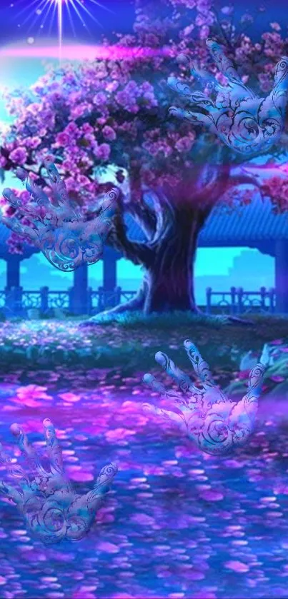 Magical nighttime scene with cherry blossoms and glowing handprints.