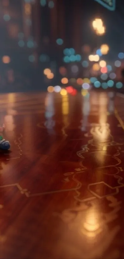 A child sitting on an intricately engraved wooden floor under urban lights.