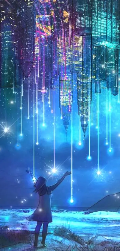 A girl reaching towards an illuminated cityscape with vibrant blue and purple hues.