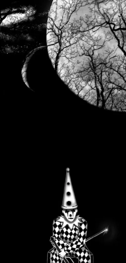 Surreal night scene with clown and moon in black and white.