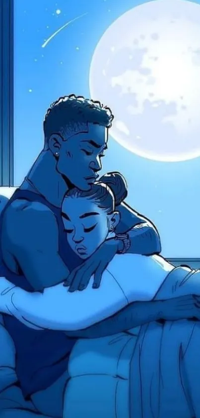 Couple embracing by moonlight in blue hues.