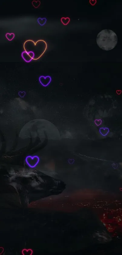 Dark deer night scene with neon hearts design.