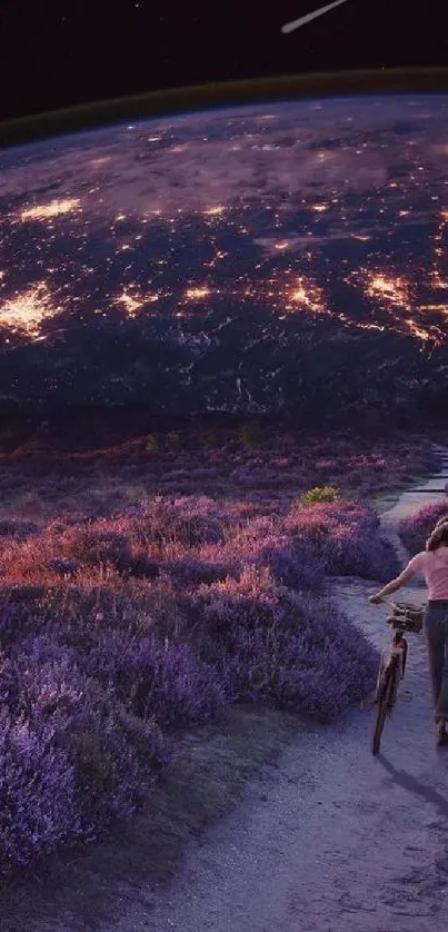 Lavender field with Earth and moon at night, featuring a lone bicyclist.