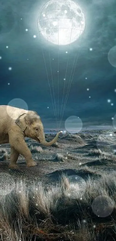 Surreal elephant walking under a luminous full moon in a dreamy landscape.