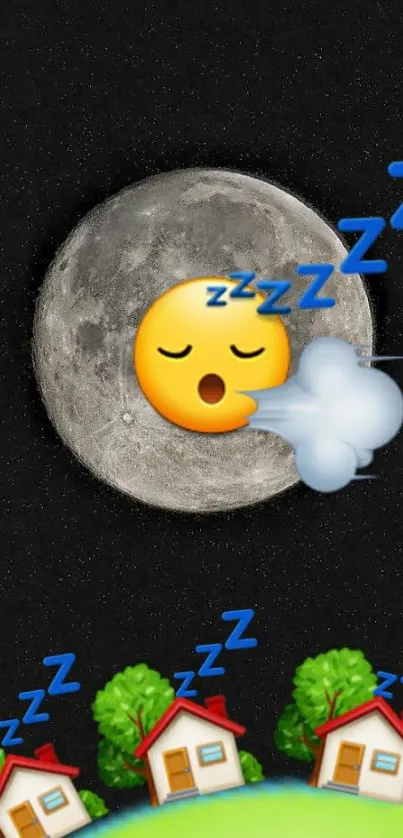 Dreaming emoji with moon and homes on mobile wallpaper.