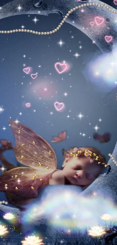 A sleeping fairy with wings under a glowing moonlit sky and scattered flowers.