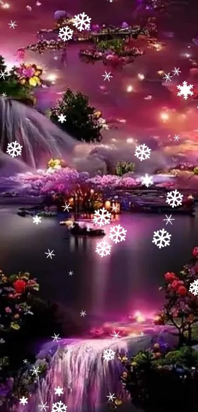 Dreamy night scene with waterfalls, flowers, and snowflakes under a pink-purple sky.