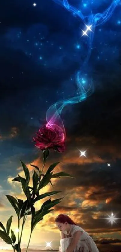 Surreal landscape with vibrant rose and magical heart-shaped glow.