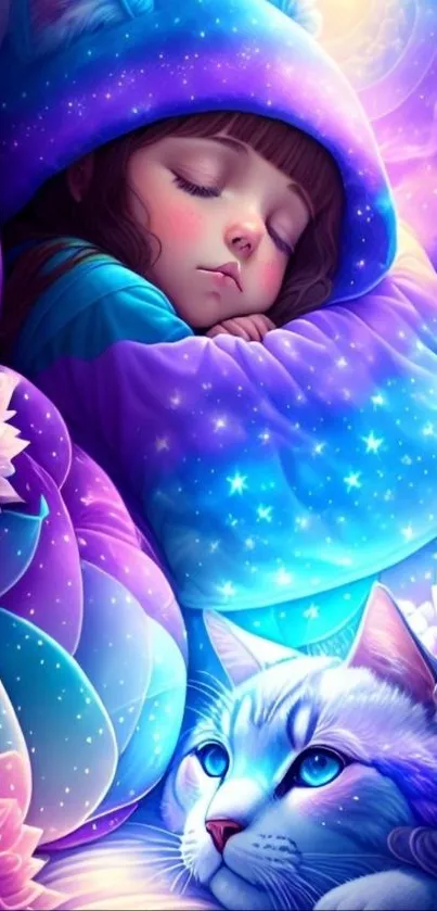 A child sleeping with a serene cat under a galaxy-themed blanket, vibrant and colorful.