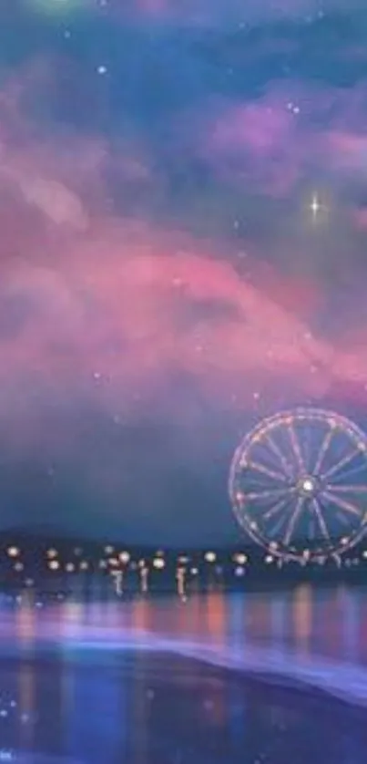 Dreamy Ferris wheel in starry night sky with pink and purple hues.