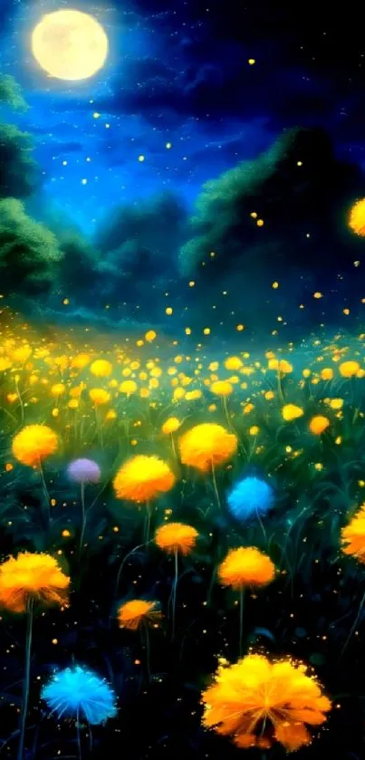 Dreamy night landscape with a full moon and luminous flowers in a mystical field.