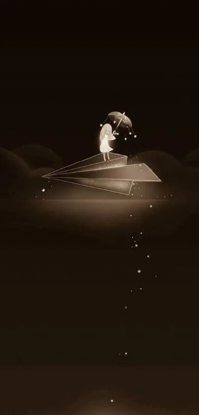 Girl on paper plane in dreamy night sky wallpaper.