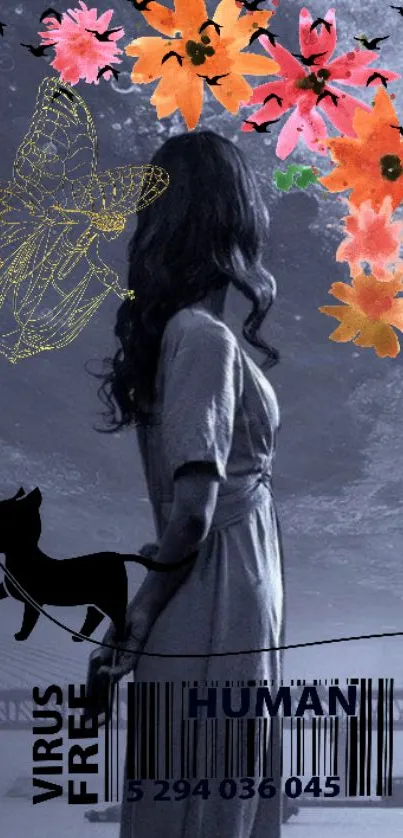 Silhouette of a woman with flowers in a dreamy night scene.