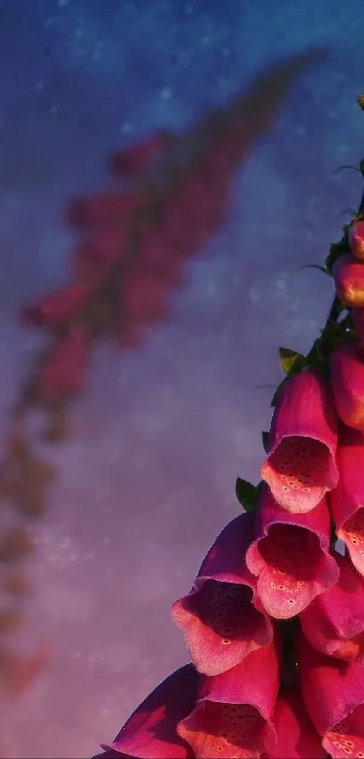 Floral wallpaper with pink flowers and crescent moon against a purple night sky.