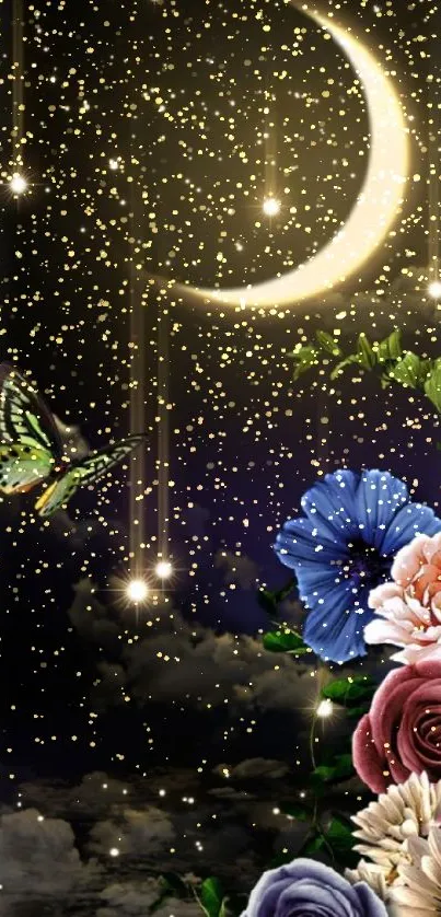 Crescent moon with stars and floral design wallpaper.