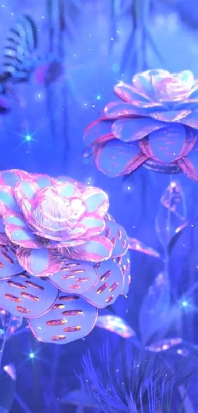 Dreamy blue night flower wallpaper with glowing blossoms and mystical ambiance.