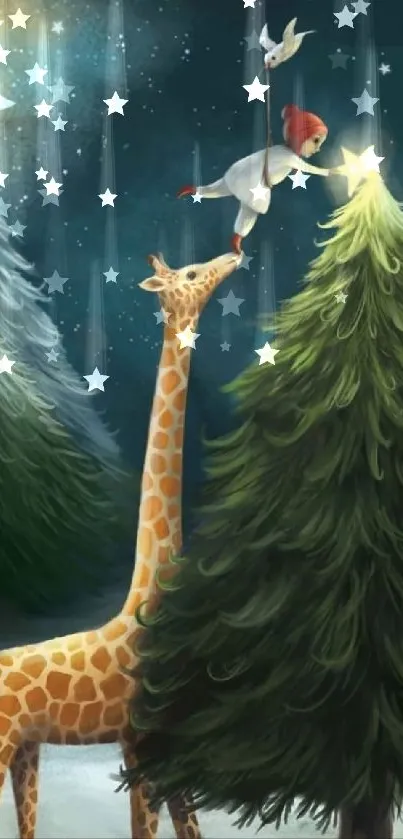 Whimsical night forest scene with giraffe and child placing a star.