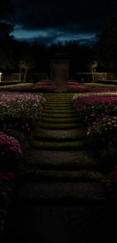 Nighttime garden path with flowers and soft lighting.