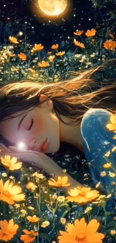 A serene girl asleep in a flower-filled garden under a moonlit sky.