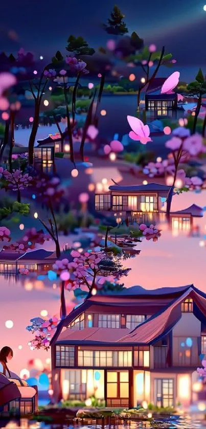 Dreamy night garden with cherry blossoms under a starry sky.