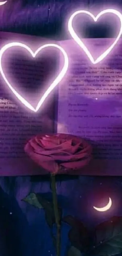 Romantic glowing hearts with a rose on an open book at night.