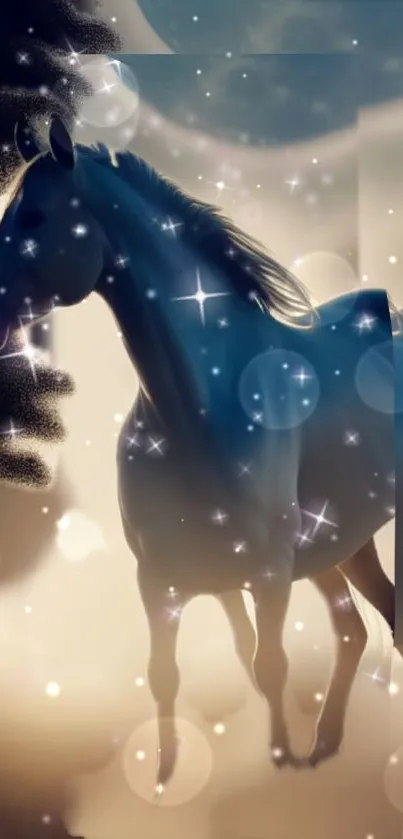 A horse under a starry, moonlit sky wallpaper.