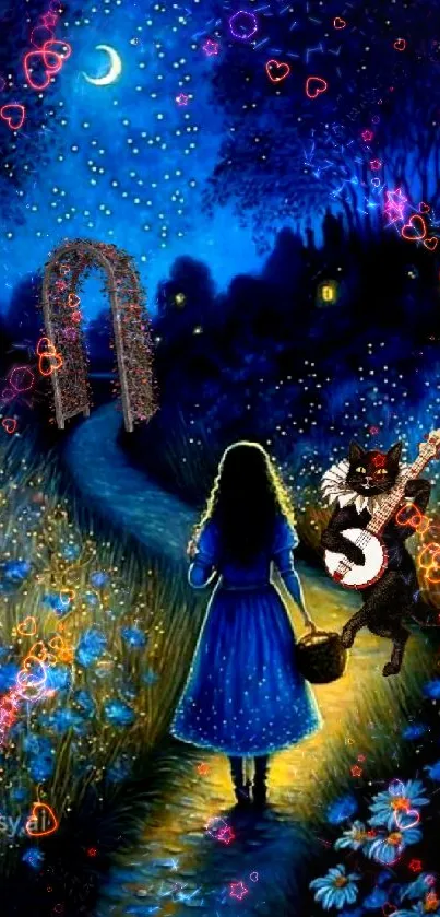 Fantasy night scene with blue flowers and a whimsical character.