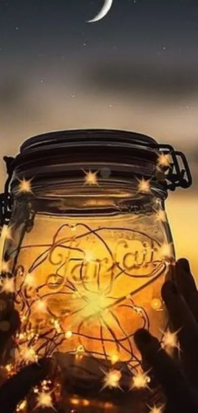 Glowing jar under a crescent moon night sky.