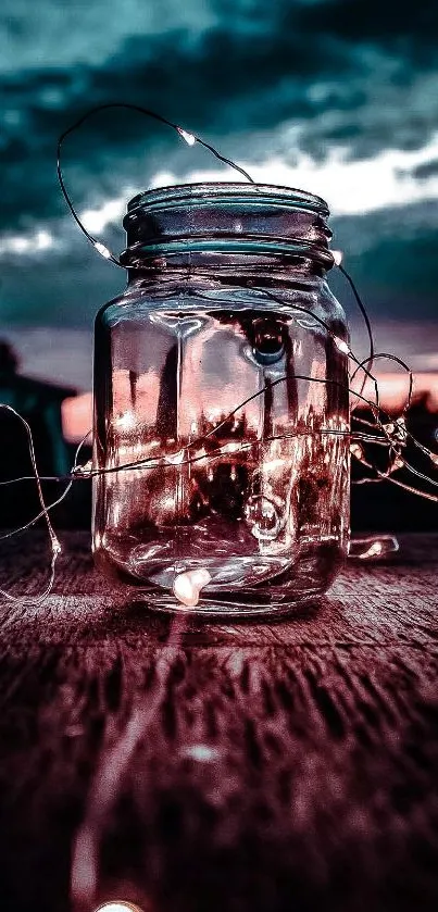 Dreamy jar with lights against a twilight sky in wallpaper.