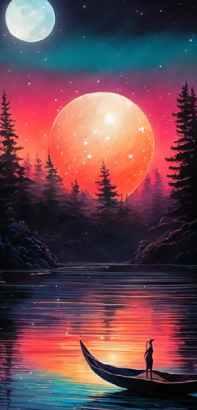 Dreamy night landscape with moonlit lake and silhouettes of trees in vibrant colors.