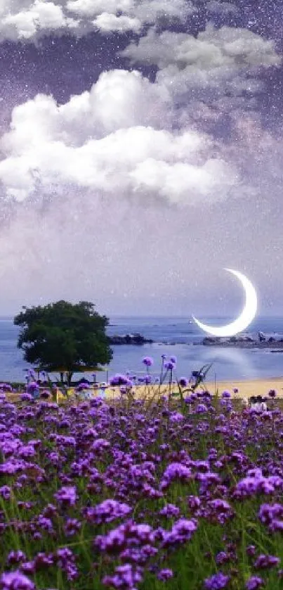 Crescent moon over purple flowers and starry night sky.