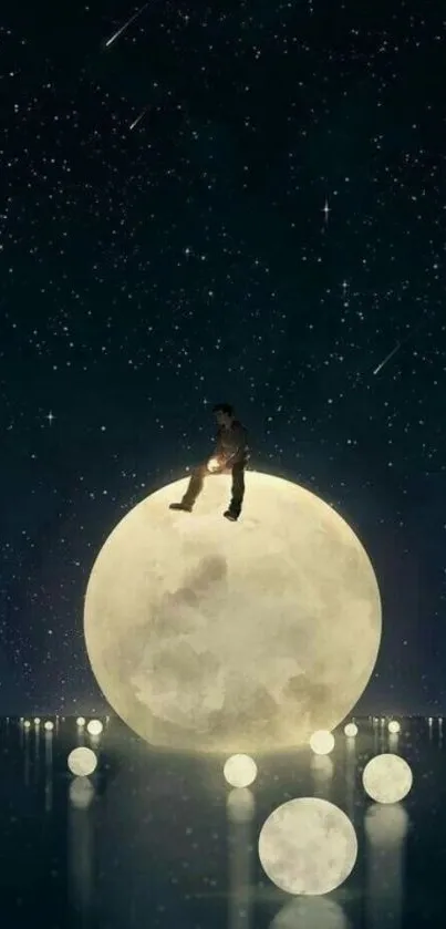 Man sitting on a moon reflecting on water under a starry night sky.