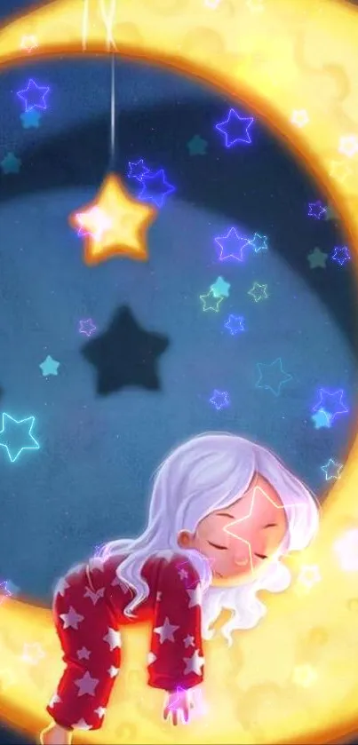 Child sleeping on a glowing crescent moon.