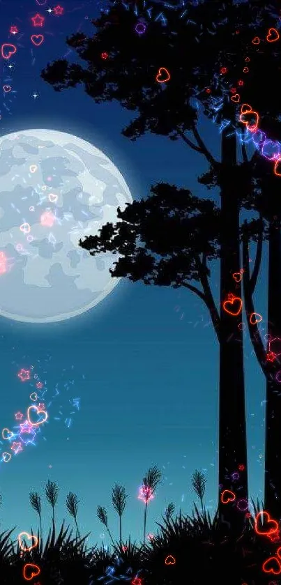 Dreamy night wallpaper with moon, trees, and colorful hearts.