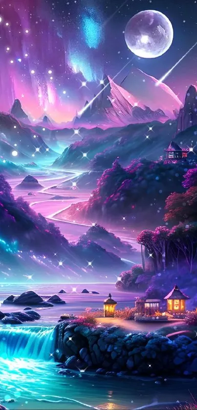 Enchanting night landscape with mountains, river, and starry sky.