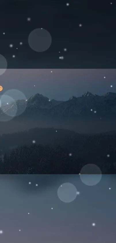 Serene mountain view with moon and stars in night sky wallpaper.