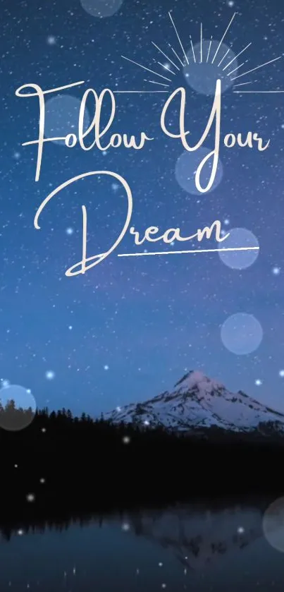 Dreamy night sky with mountain silhouette and inspirational text.