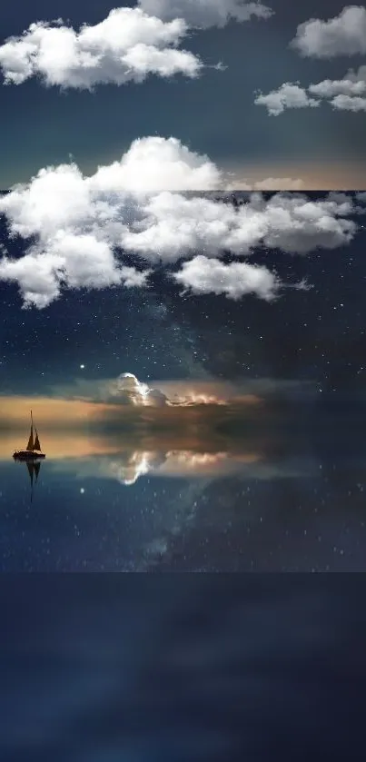 Sailboat on a serene night ocean with clouds and starlit sky.