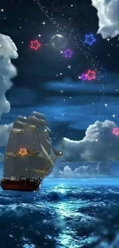 Dreamy night scene with ship and stars on ocean.