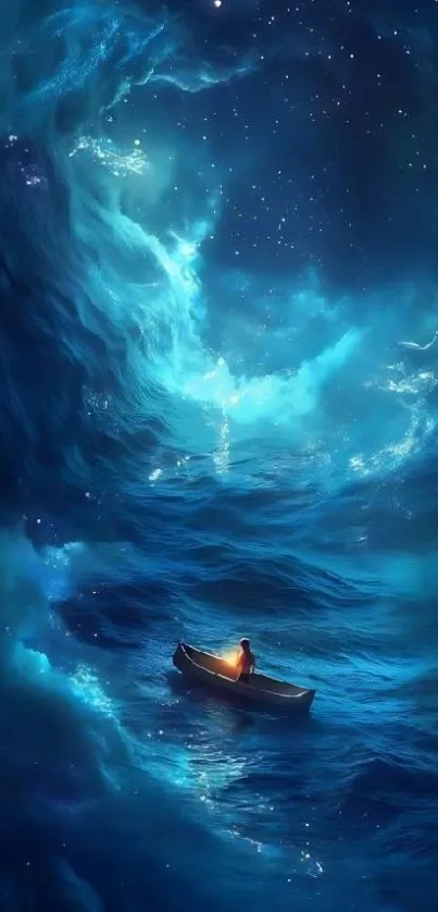 A small boat floating under a starry blue night sky.