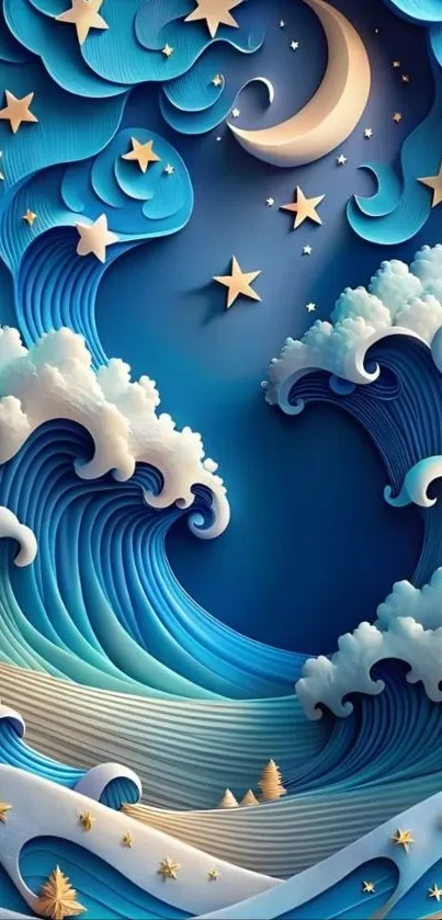 Artistic night ocean waves with stars and moon.