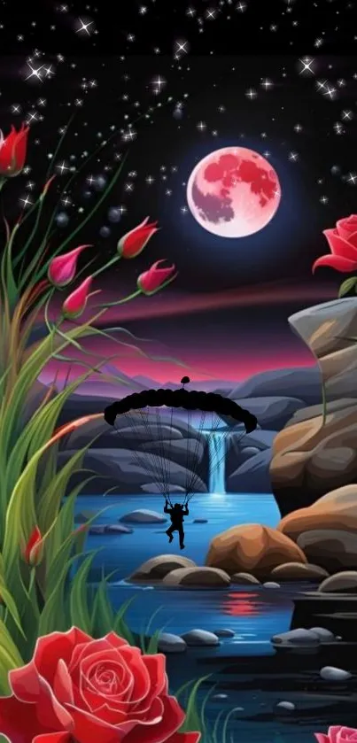 Surreal landscape with parachute under a moonlit sky.