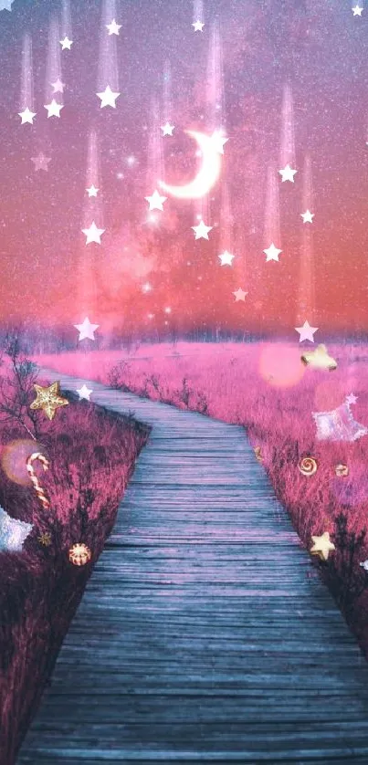 Dreamy path on a starry night with pink sky and crescent moon.