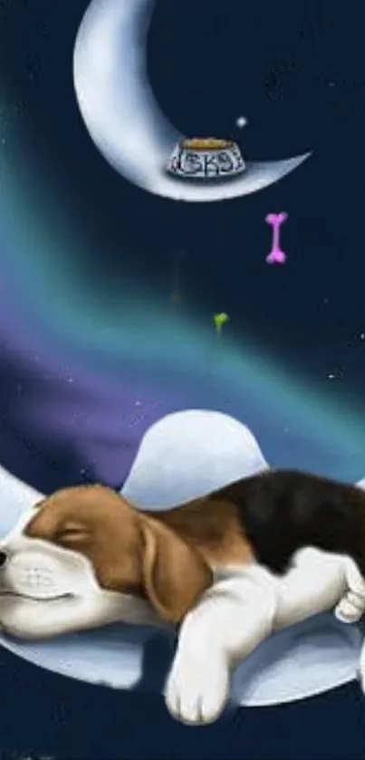 Puppy sleeping on crescent moon under a starry night sky.