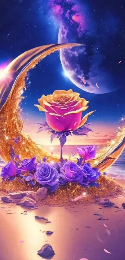 Enchanting rose with moonlit purple sky wallpaper.