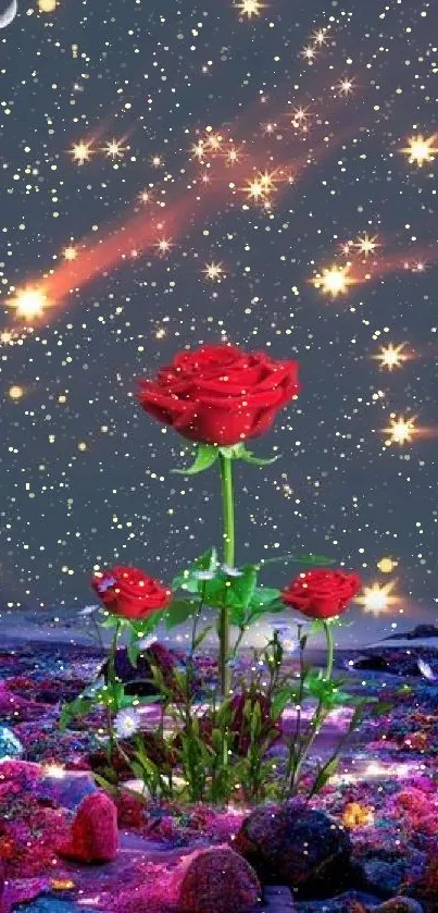 Enchanting rose under a starry night sky.