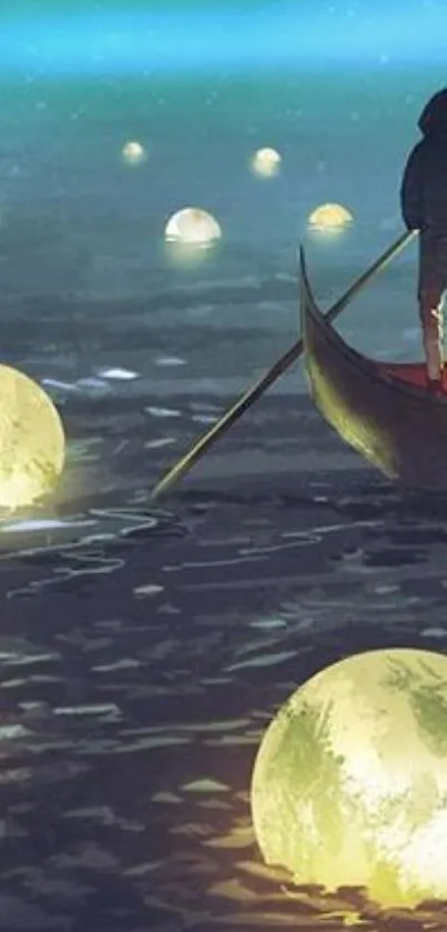 Man rowing among glowing orbs on a mystical night landscape.