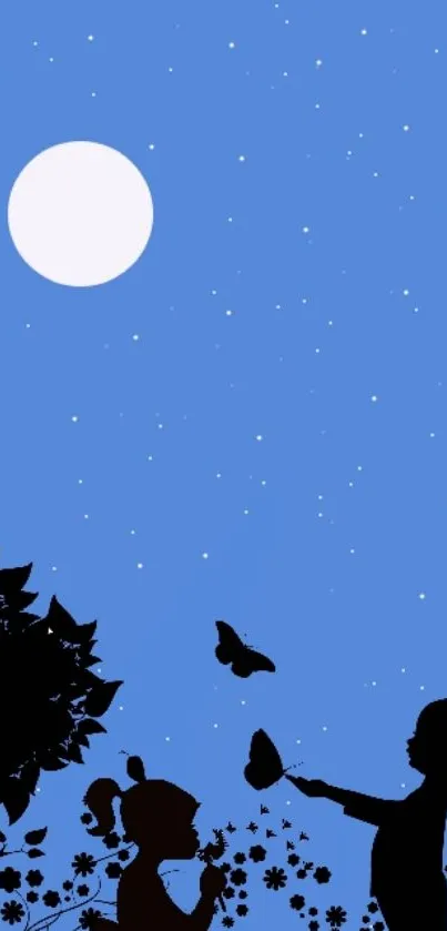 Mobile wallpaper with night sky, moon, and silhouettes of children.