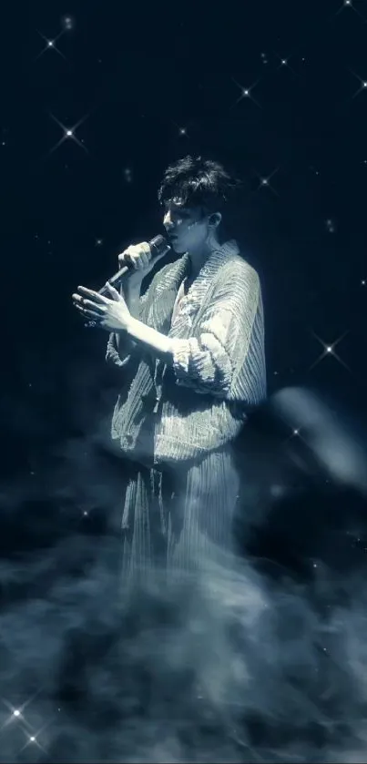 Dreamy night scene with a singer in blue hue, surrounded by stars.